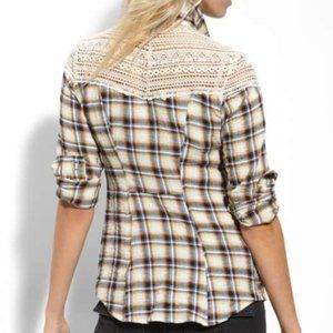 Free People • Crocheted Lace & Crinkle Plaid Top S